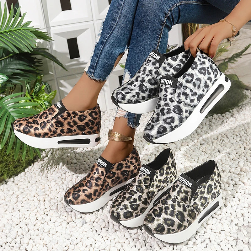 Leopard Print Casual Sports Shoes for Women Thick Bottom Slip-On Platform Sneakers Woman Lightweight Height Increasing Sneakers