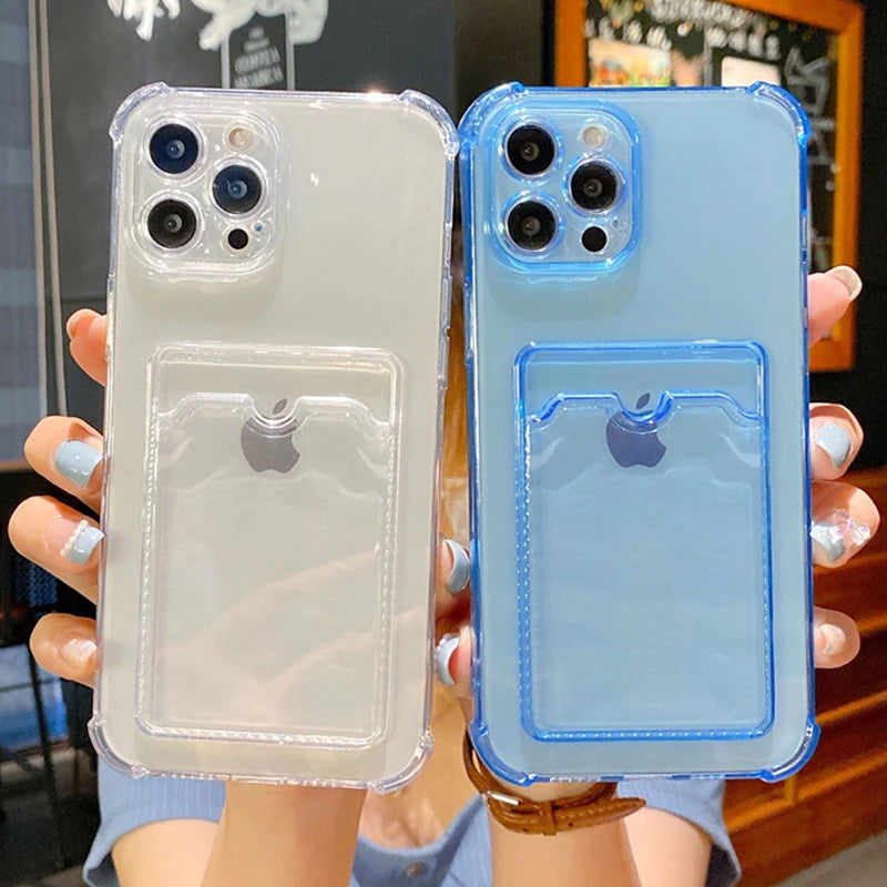 Card Bag Shockproof phone Case For iPhone 15 14 13 12 11 Pro Max XR X XS 6 7 8 Plus SE Mini Clear Color Soft Frame Hard Cases