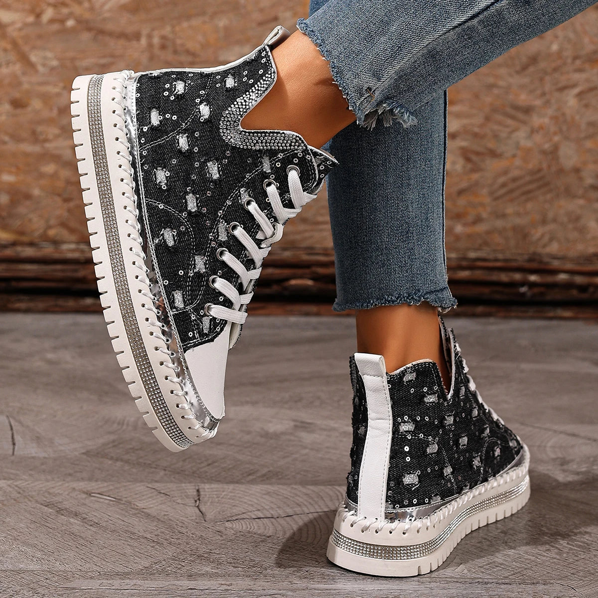 Fashion Cowboy hole Rhinestones Design High Top Thick Soled Casual Shoes for Women 2025 Autumn New Versatile Chunky Single Shoes