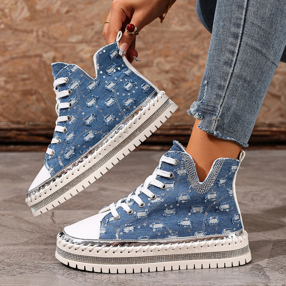 Fashion Cowboy hole Rhinestones Design High Top Thick Soled Casual Shoes for Women 2025 Autumn New Versatile Chunky Single Shoes