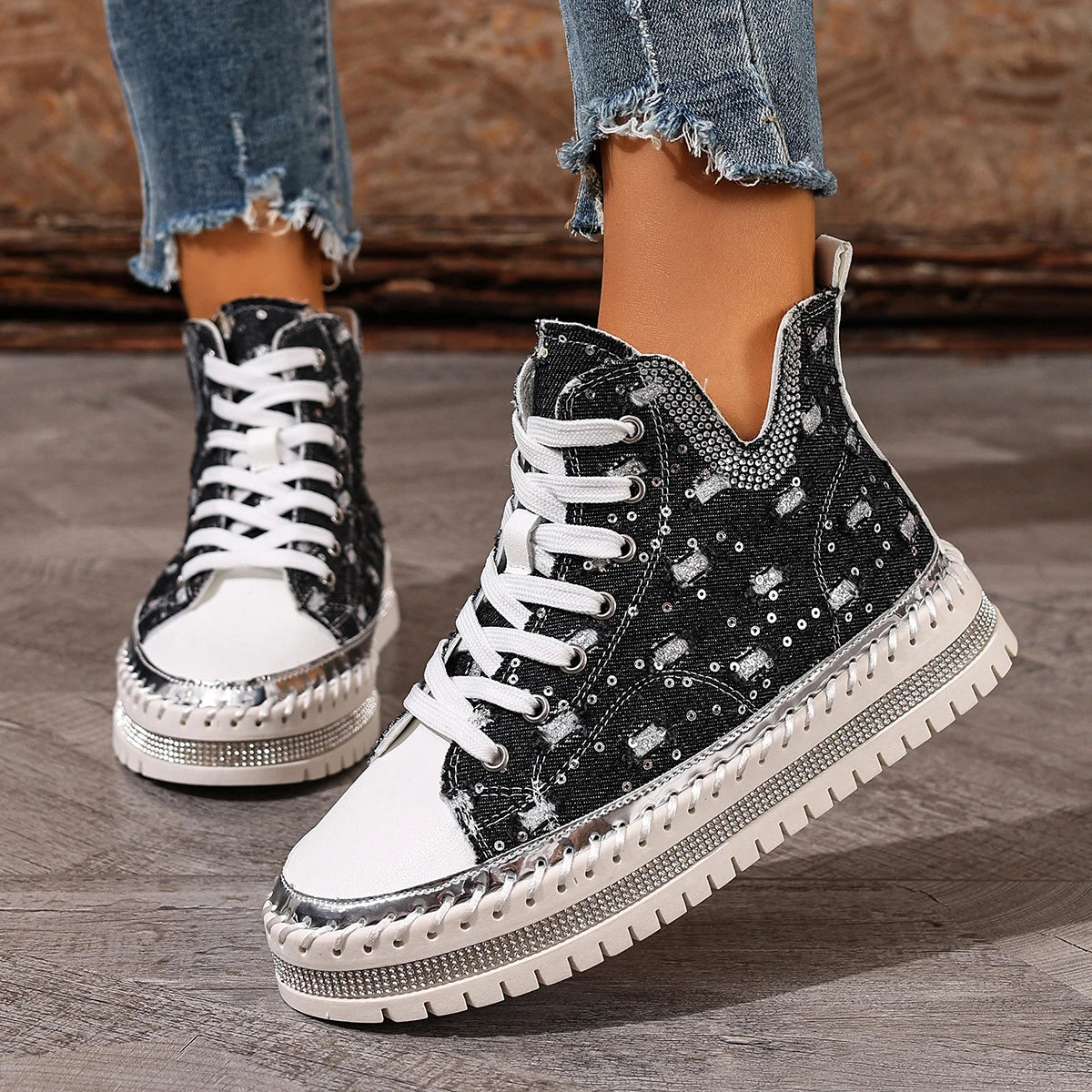 Fashion Cowboy hole Rhinestones Design High Top Thick Soled Casual Shoes for Women 2025 Autumn New Versatile Chunky Single Shoes