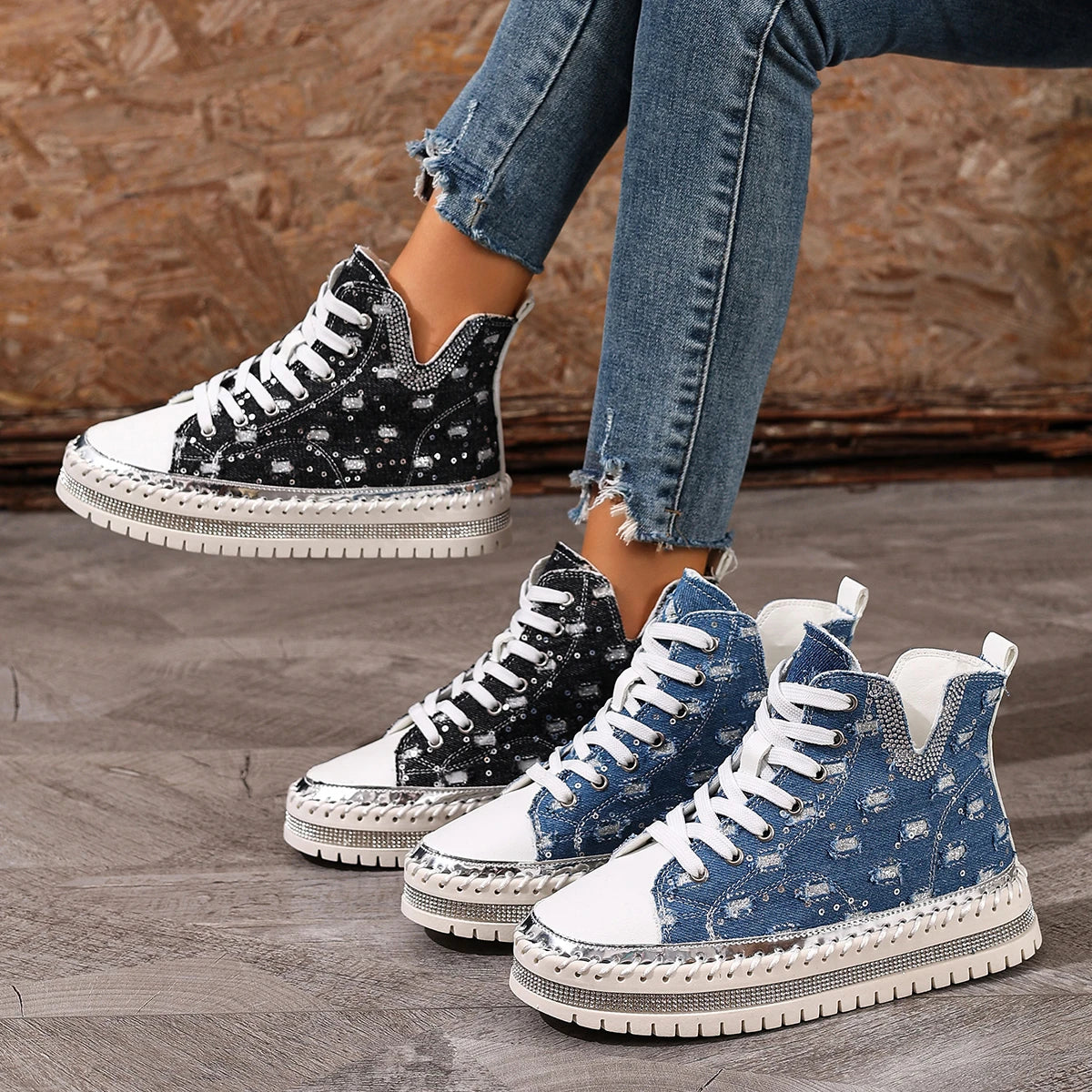 Fashion Cowboy hole Rhinestones Design High Top Thick Soled Casual Shoes for Women 2025 Autumn New Versatile Chunky Single Shoes