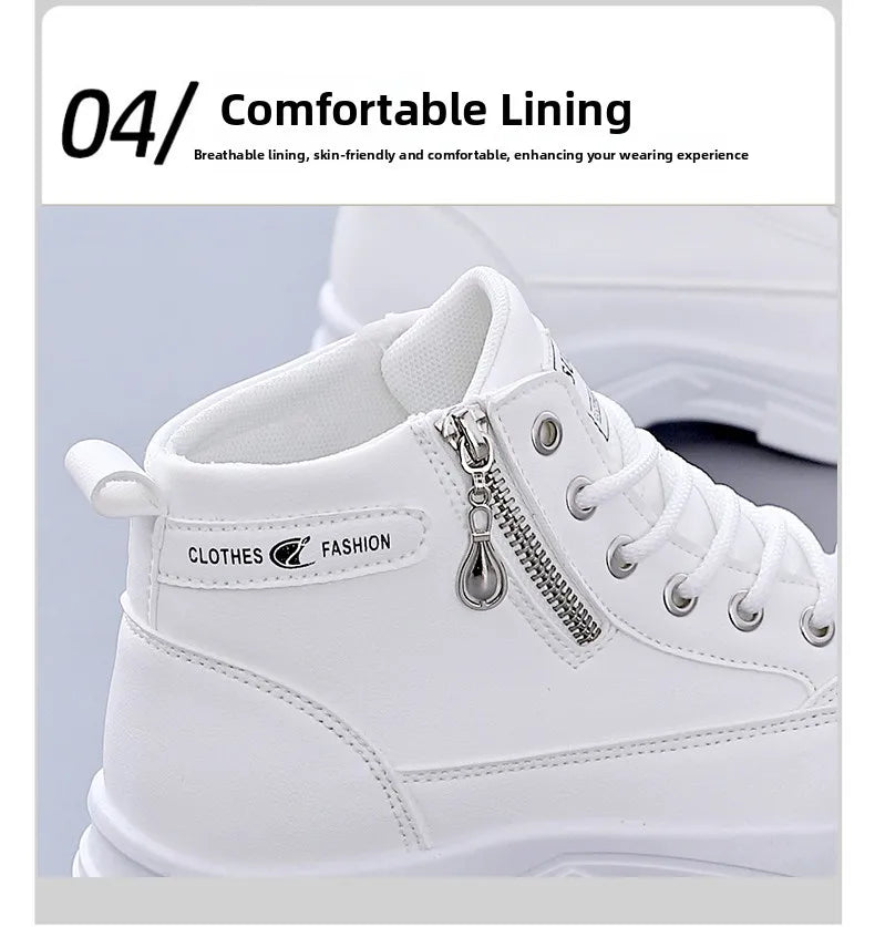 Women's High-Top Boots Spring Autumn Leather Surface Sport Casual Shoes Versatile Leisure White Sneakers