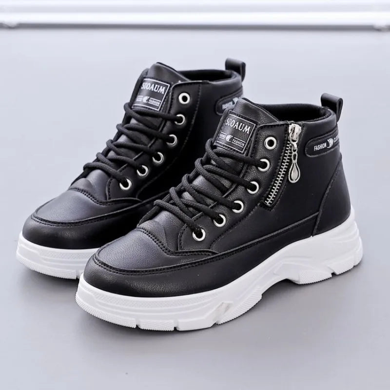 Women's High-Top Boots Spring Autumn Leather Surface Sport Casual Shoes Versatile Leisure White Sneakers