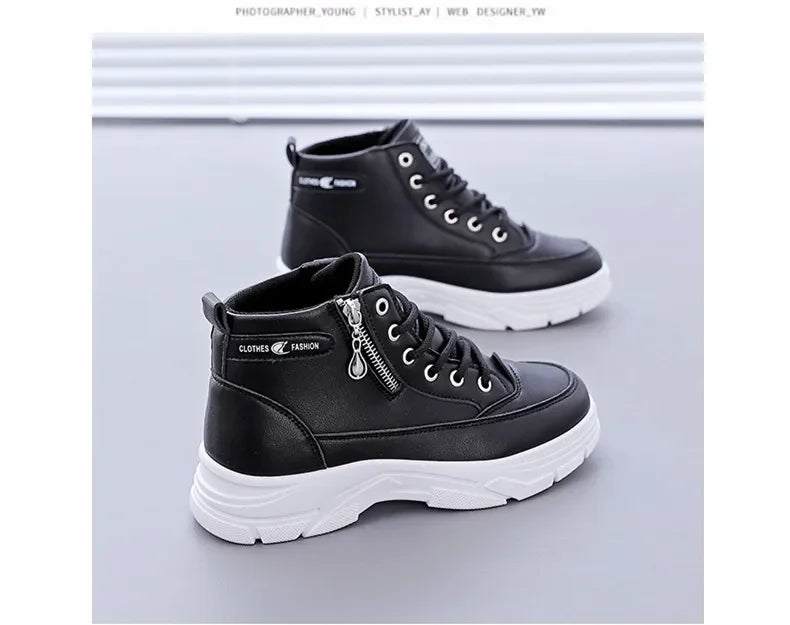 Women's High-Top Boots Spring Autumn Leather Surface Sport Casual Shoes Versatile Leisure White Sneakers