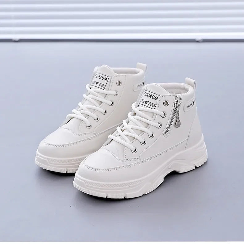 Women's High-Top Boots Spring Autumn Leather Surface Sport Casual Shoes Versatile Leisure White Sneakers
