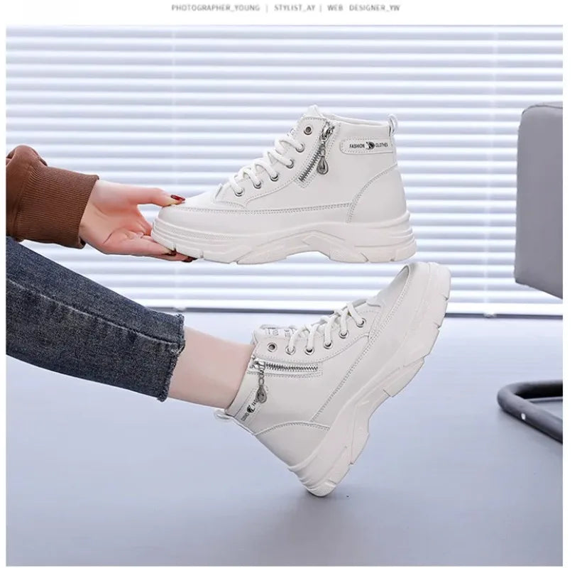 Women's High-Top Boots Spring Autumn Leather Surface Sport Casual Shoes Versatile Leisure White Sneakers