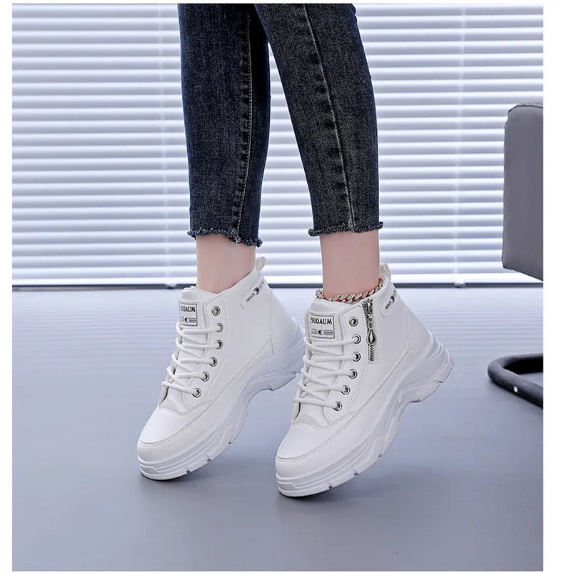 Women's High-Top Boots Spring Autumn Leather Surface Sport Casual Shoes Versatile Leisure White Sneakers