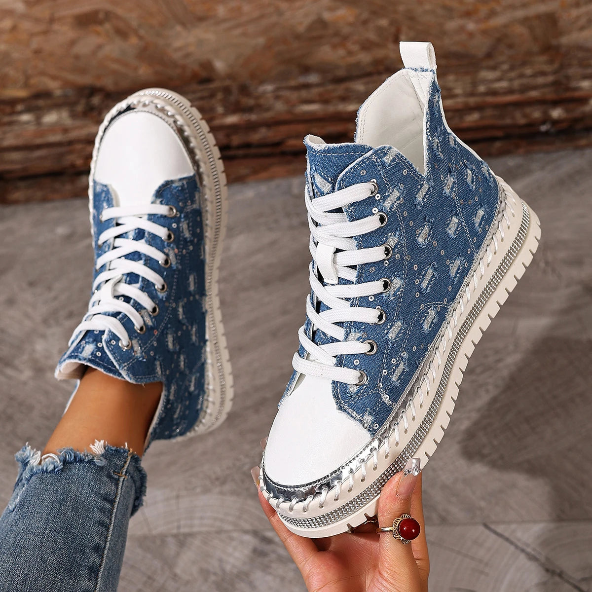 Fashion Cowboy hole Rhinestones Design High Top Thick Soled Casual Shoes for Women 2025 Autumn New Versatile Chunky Single Shoes