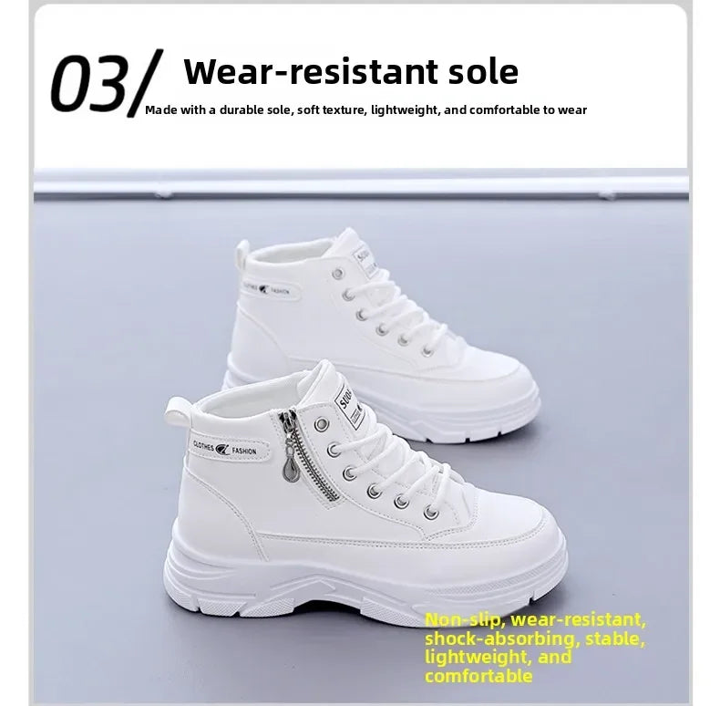 Women's High-Top Boots Spring Autumn Leather Surface Sport Casual Shoes Versatile Leisure White Sneakers