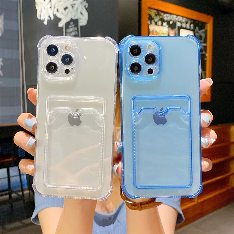 Card Bag Shockproof phone Case For iPhone 15 14 13 12 11 Pro Max XR X XS 6 7 8 Plus SE Mini Clear Color Soft Frame Hard Cases