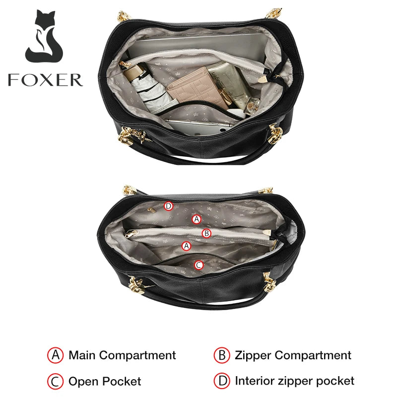 FOXER 2025 New Women's Shoulder Bag Genuine Leather Elegant Female Tote Large Bag Fashion Handbag Commuter Luxury Gift