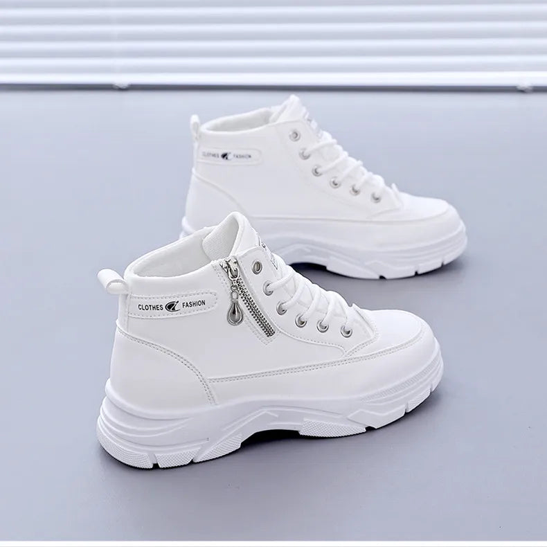 Women's High-Top Boots Spring Autumn Leather Surface Sport Casual Shoes Versatile Leisure White Sneakers