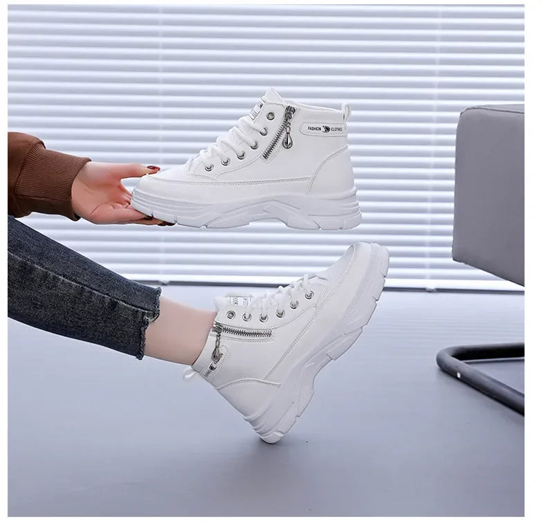 Women's High-Top Boots Spring Autumn Leather Surface Sport Casual Shoes Versatile Leisure White Sneakers