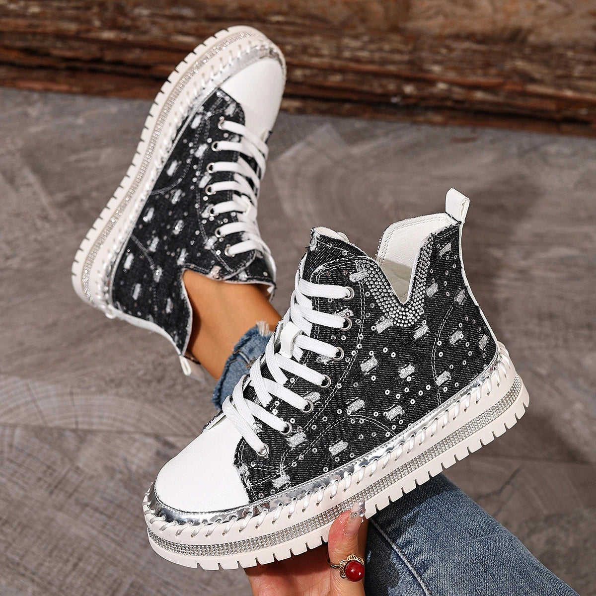Fashion Cowboy hole Rhinestones Design High Top Thick Soled Casual Shoes for Women 2025 Autumn New Versatile Chunky Single Shoes