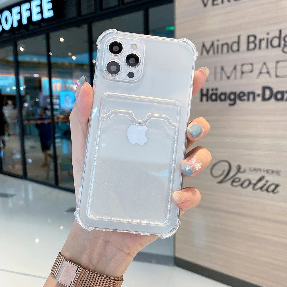 Card Bag Shockproof phone Case For iPhone 15 14 13 12 11 Pro Max XR X XS 6 7 8 Plus SE Mini Clear Color Soft Frame Hard Cases