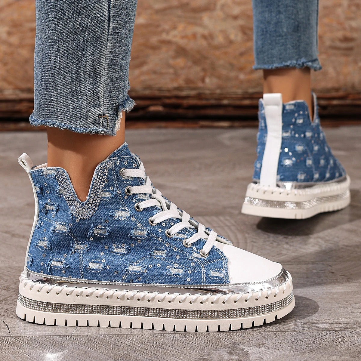 Fashion Cowboy hole Rhinestones Design High Top Thick Soled Casual Shoes for Women 2025 Autumn New Versatile Chunky Single Shoes