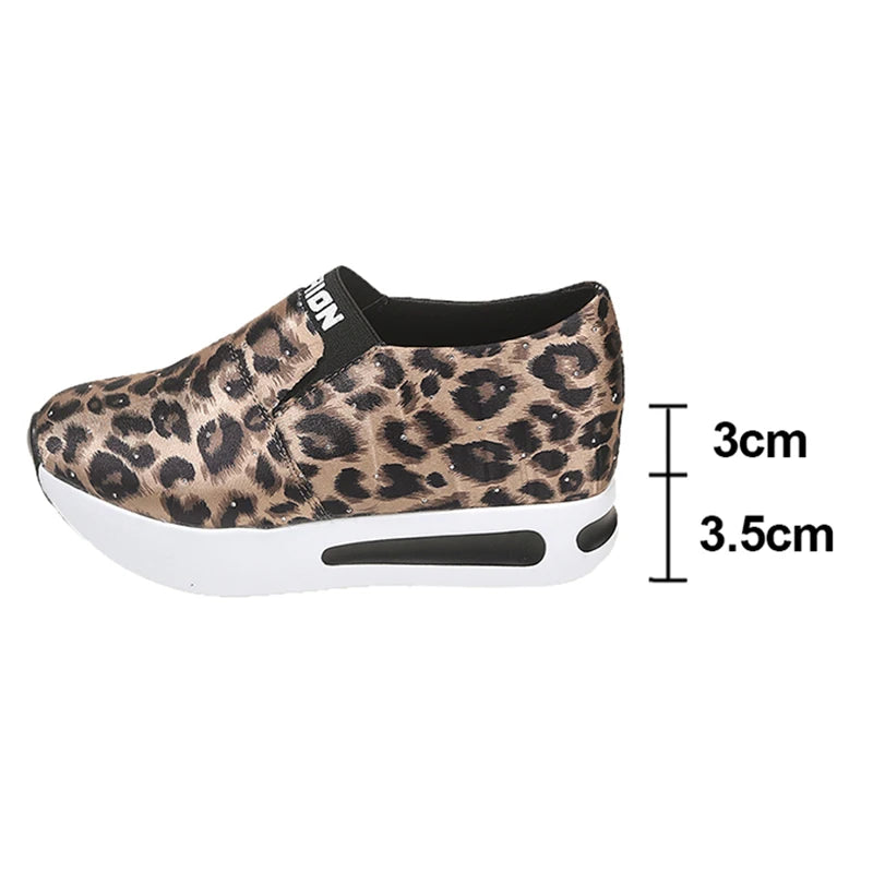 Leopard Print Casual Sports Shoes for Women Thick Bottom Slip-On Platform Sneakers Woman Lightweight Height Increasing Sneakers