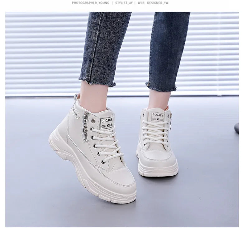 Women's High-Top Boots Spring Autumn Leather Surface Sport Casual Shoes Versatile Leisure White Sneakers
