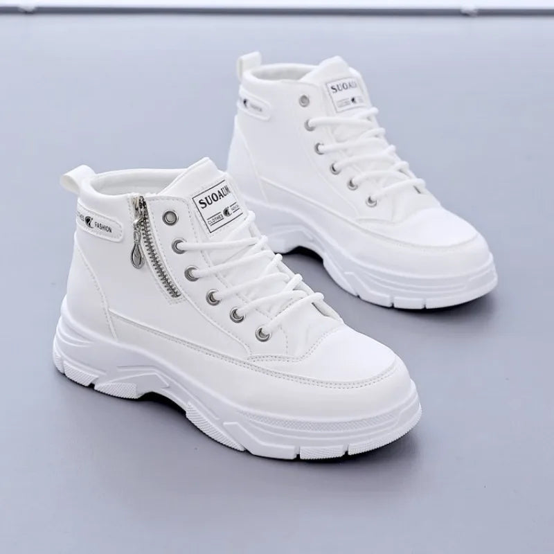 Women's High-Top Boots Spring Autumn Leather Surface Sport Casual Shoes Versatile Leisure White Sneakers
