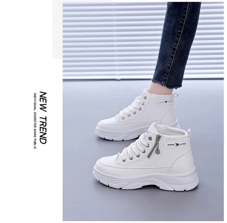 Women's High-Top Boots Spring Autumn Leather Surface Sport Casual Shoes Versatile Leisure White Sneakers