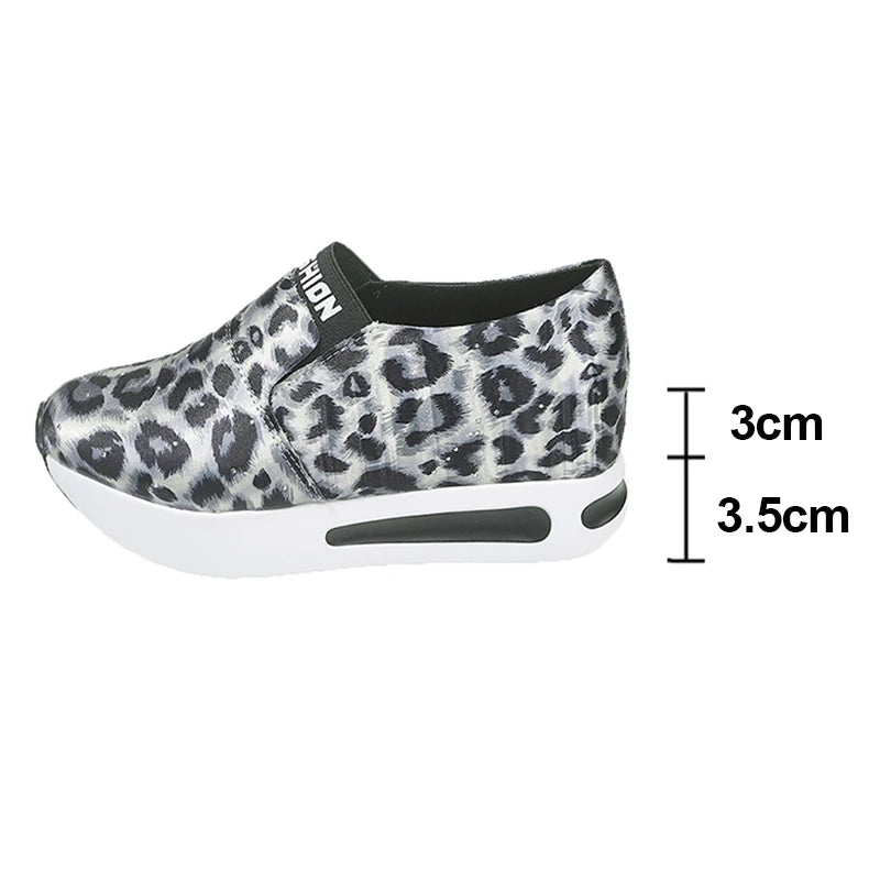 Leopard Print Casual Sports Shoes for Women Thick Bottom Slip-On Platform Sneakers Woman Lightweight Height Increasing Sneakers