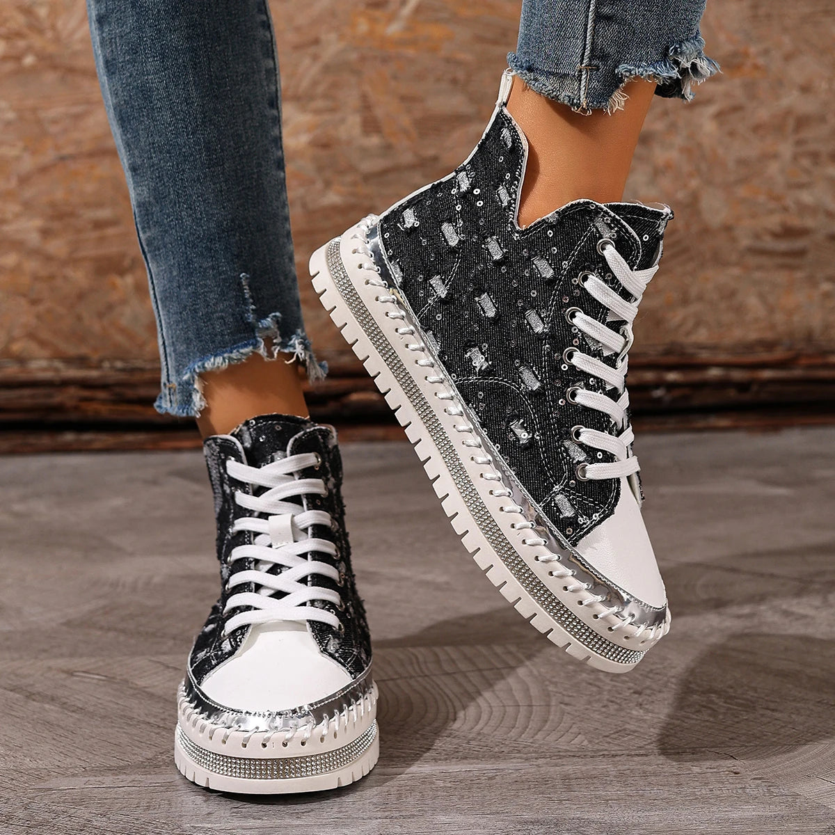 Fashion Cowboy hole Rhinestones Design High Top Thick Soled Casual Shoes for Women 2025 Autumn New Versatile Chunky Single Shoes