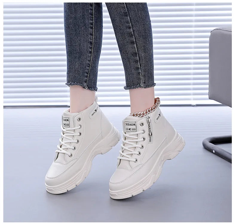 Women's High-Top Boots Spring Autumn Leather Surface Sport Casual Shoes Versatile Leisure White Sneakers
