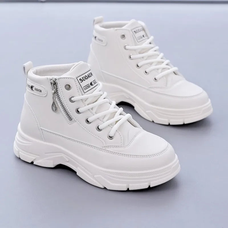 Women's High-Top Boots Spring Autumn Leather Surface Sport Casual Shoes Versatile Leisure White Sneakers