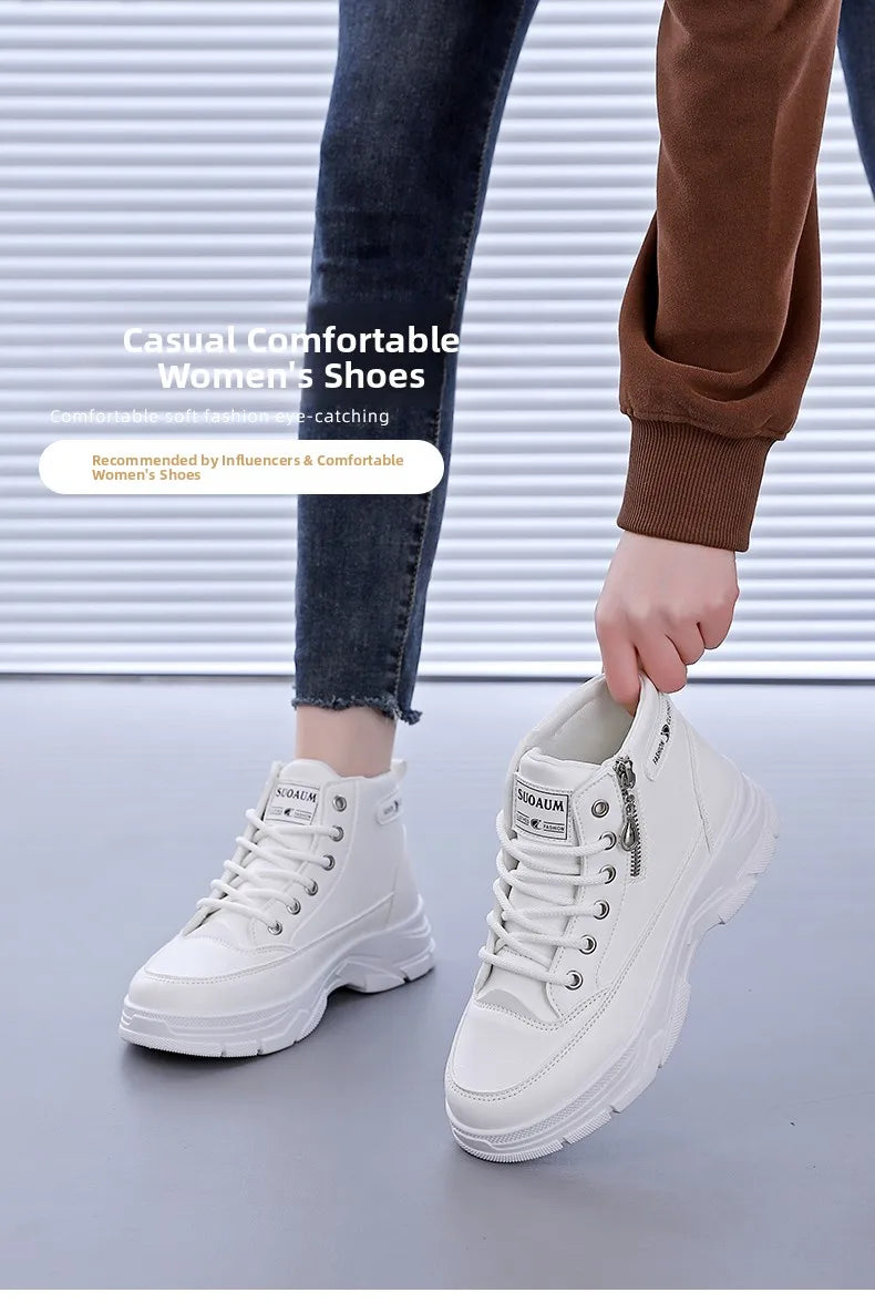 Women's High-Top Boots Spring Autumn Leather Surface Sport Casual Shoes Versatile Leisure White Sneakers
