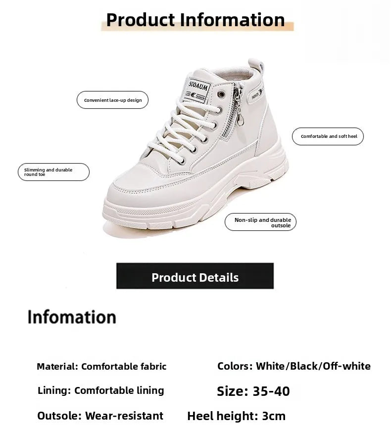 Women's High-Top Boots Spring Autumn Leather Surface Sport Casual Shoes Versatile Leisure White Sneakers