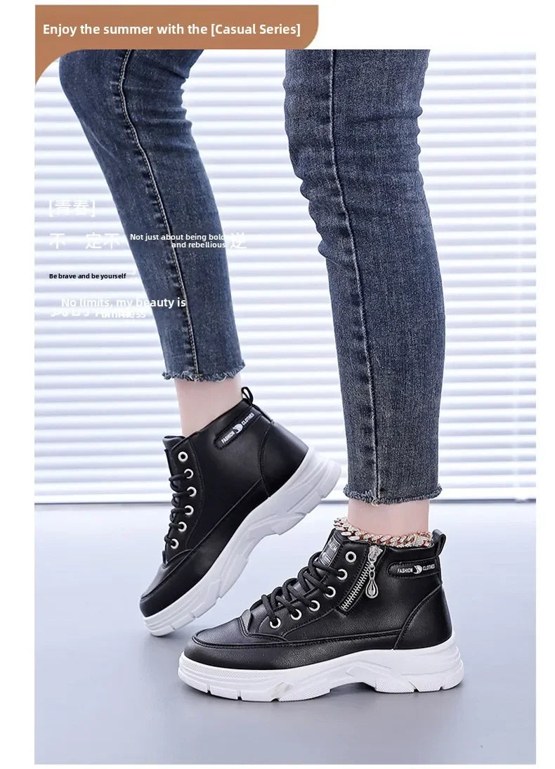 Women's High-Top Boots Spring Autumn Leather Surface Sport Casual Shoes Versatile Leisure White Sneakers