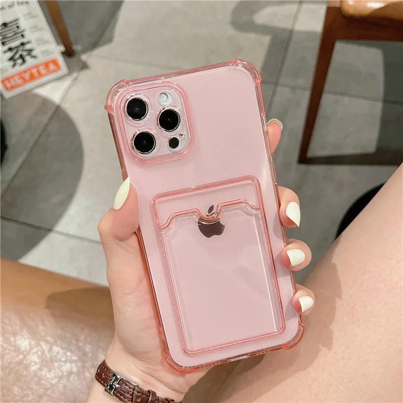 Card Bag Shockproof phone Case For iPhone 15 14 13 12 11 Pro Max XR X XS 6 7 8 Plus SE Mini Clear Color Soft Frame Hard Cases
