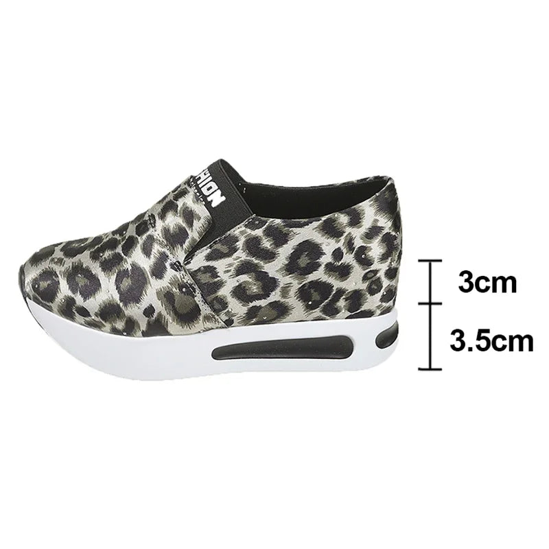 Leopard Print Casual Sports Shoes for Women Thick Bottom Slip-On Platform Sneakers Woman Lightweight Height Increasing Sneakers